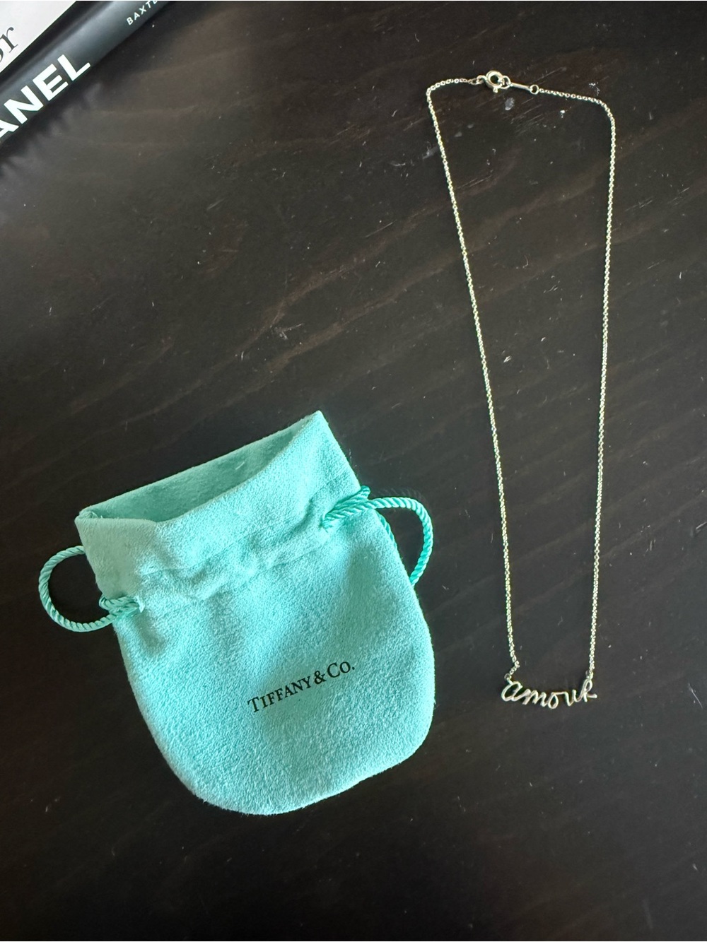 Tiffany & Co. Gold 'amour' Script Necklace with Tiffany Blue Pouch
